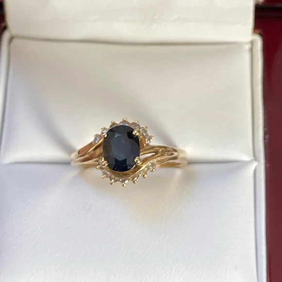 SOLID 14KT GOLD Diamond Sapphire Ring - Picture 4 of 14